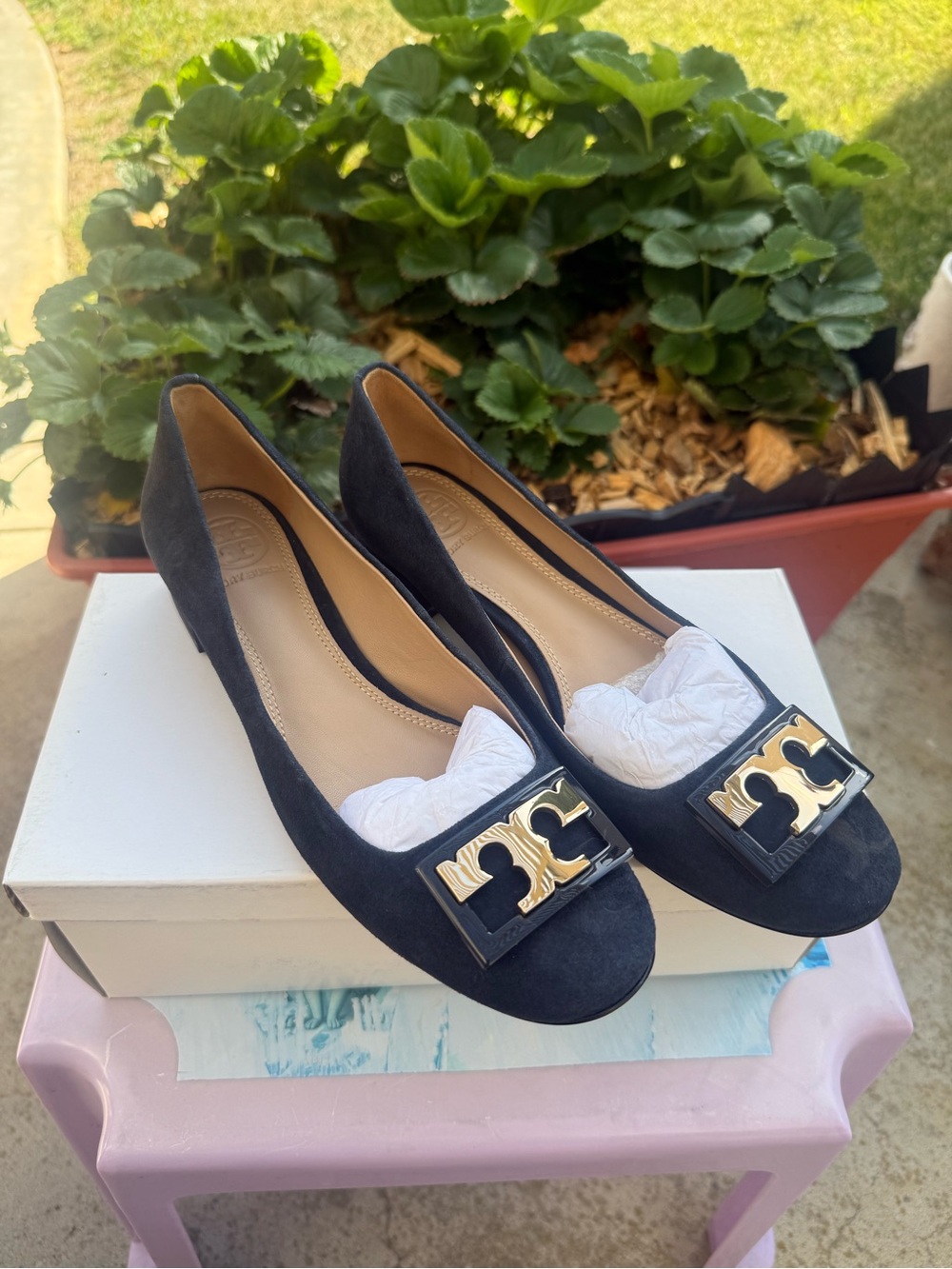 Brand New ToryBurch Navy Blue Suede Logo-Embellished Flats With Low Block Heel